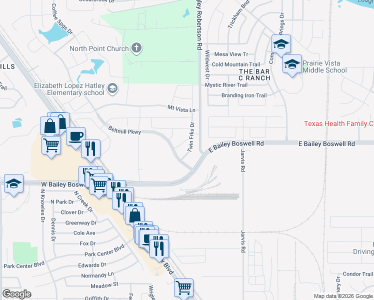 map of restaurants, bars, coffee shops, grocery stores, and more near 1421 Twin Forks Drive in Saginaw