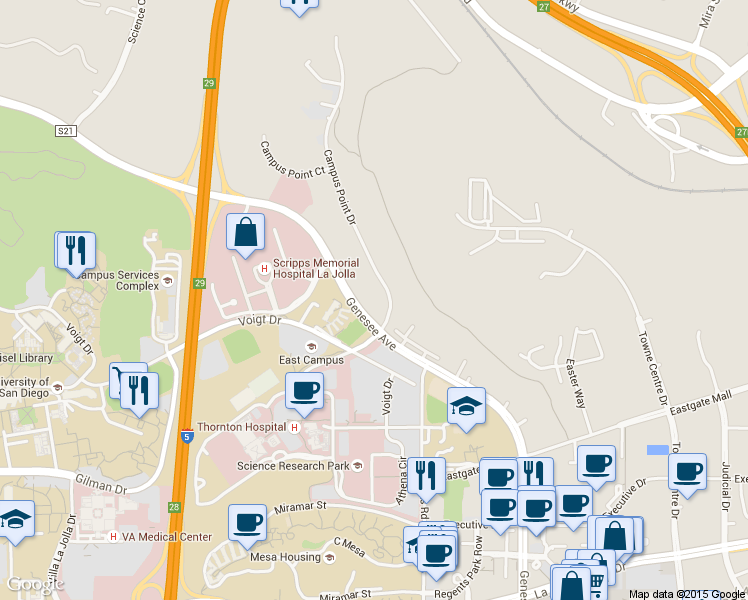 map of restaurants, bars, coffee shops, grocery stores, and more near 9800 Campus Point Drive in San Diego