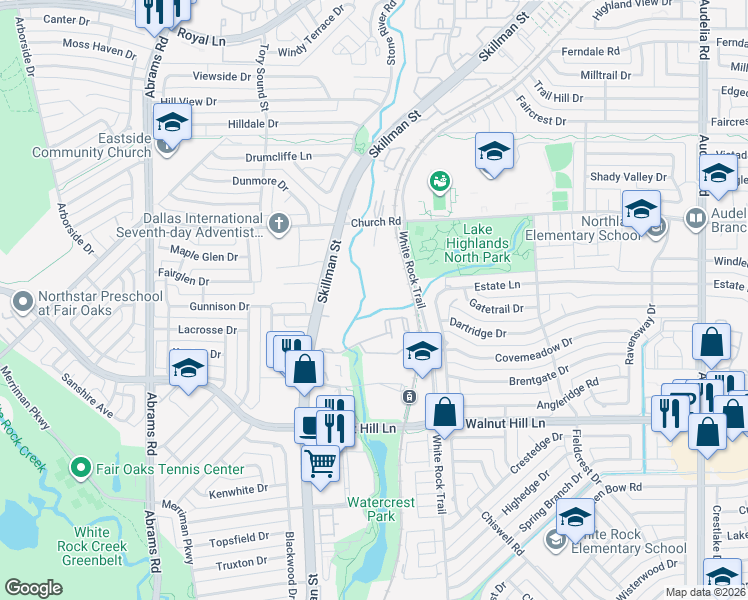 map of restaurants, bars, coffee shops, grocery stores, and more near 9236 Church Rd in Dallas