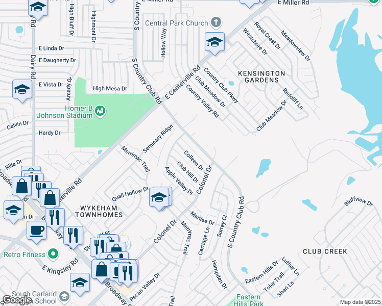 map of restaurants, bars, coffee shops, grocery stores, and more near 2822 Colleen Drive in Garland