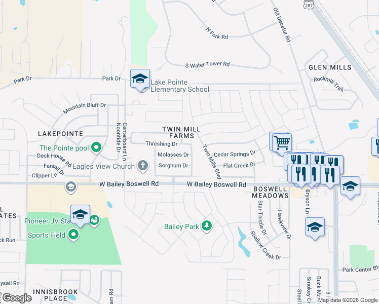 map of restaurants, bars, coffee shops, grocery stores, and more near 5200 Molasses Drive in Fort Worth