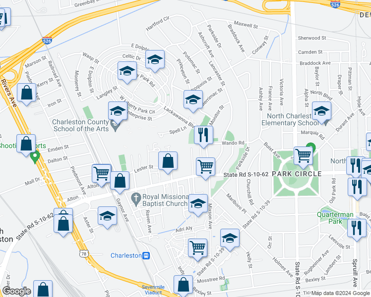 map of restaurants, bars, coffee shops, grocery stores, and more near 4871 Sanders Avenue in North Charleston
