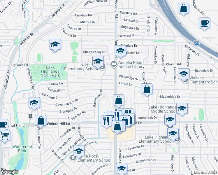 map of restaurants, bars, coffee shops, grocery stores, and more near 9727 Dartridge Drive in Dallas