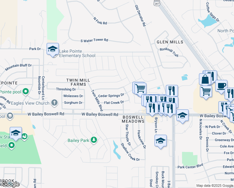 map of restaurants, bars, coffee shops, grocery stores, and more near 4920 Cedar Springs Drive in Fort Worth
