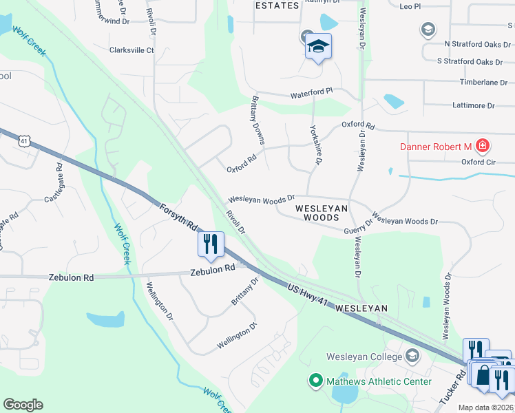 map of restaurants, bars, coffee shops, grocery stores, and more near 5024 Wesleyan Woods Drive in Macon