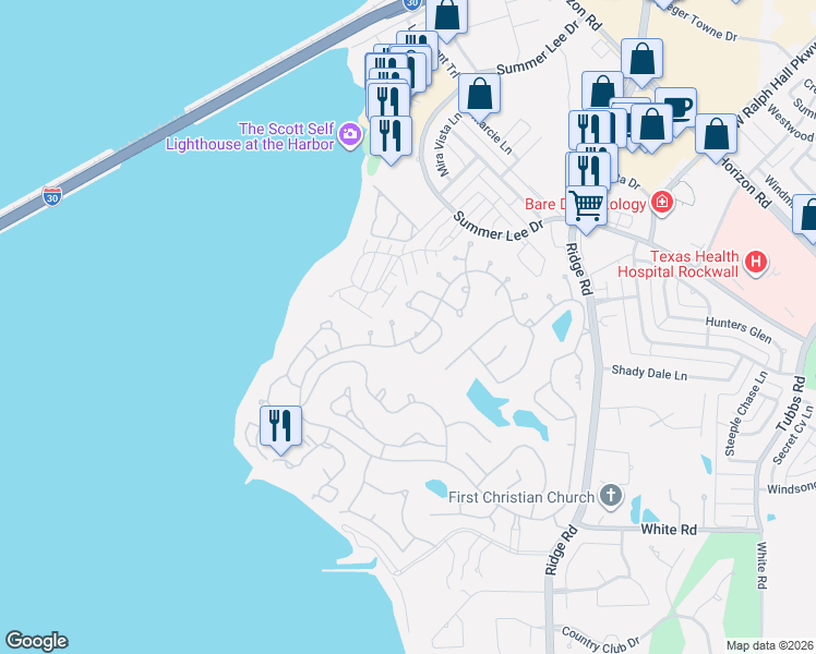 map of restaurants, bars, coffee shops, grocery stores, and more near 102 Dame Pattie Drive in Rockwall