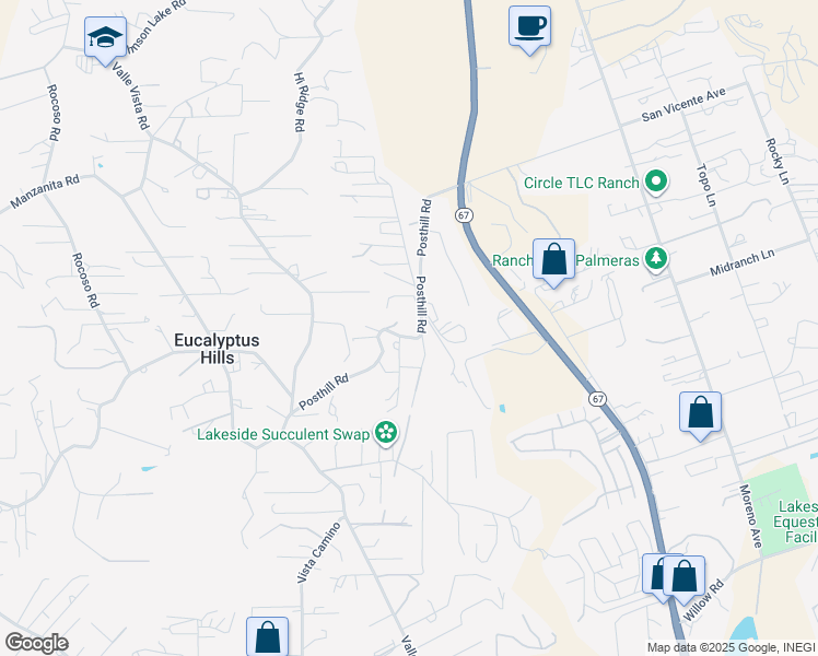 map of restaurants, bars, coffee shops, grocery stores, and more near 11330 Posthill Road in Lakeside