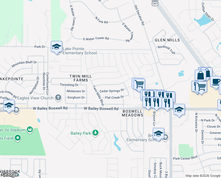 map of restaurants, bars, coffee shops, grocery stores, and more near 5012 Cedar Springs Drive in Fort Worth