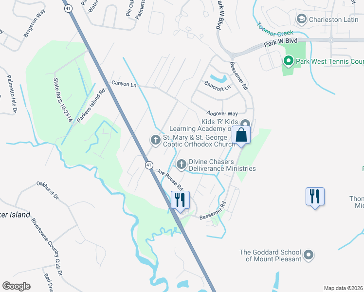 map of restaurants, bars, coffee shops, grocery stores, and more near 2929 Bobo Road in Mount Pleasant