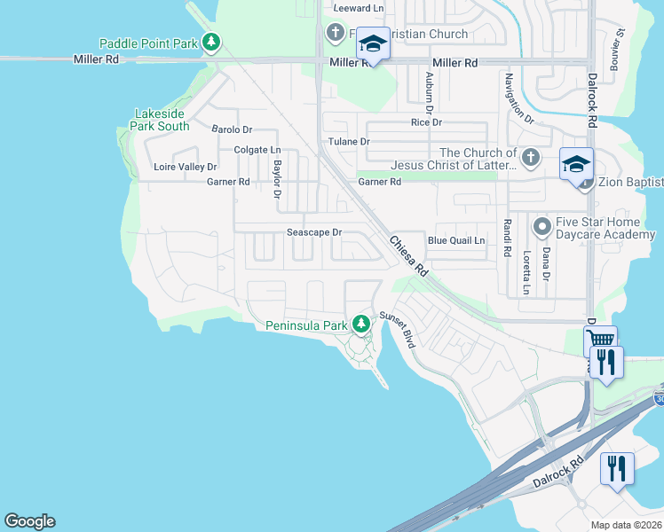 map of restaurants, bars, coffee shops, grocery stores, and more near 2221 Rockbluff Drive in Rowlett