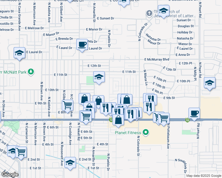 map of restaurants, bars, coffee shops, grocery stores, and more near 1214 East 9th Street in Casa Grande
