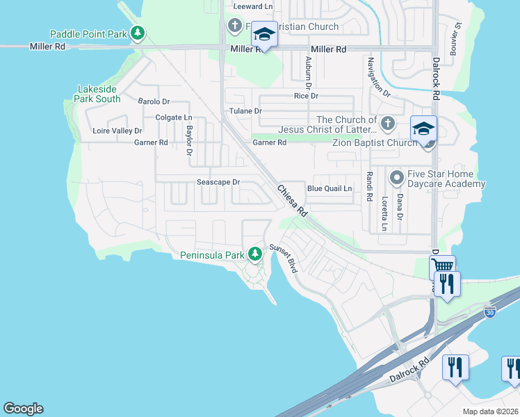 map of restaurants, bars, coffee shops, grocery stores, and more near 2121 Rockbluff Drive in Rowlett