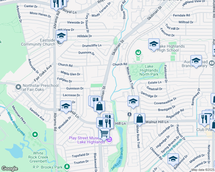 map of restaurants, bars, coffee shops, grocery stores, and more near 7340 Skillman Street in Dallas
