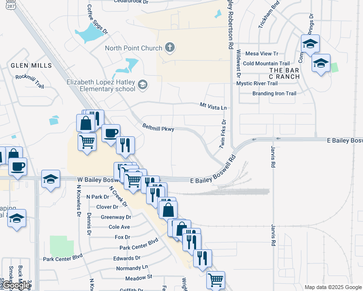 map of restaurants, bars, coffee shops, grocery stores, and more near 123-189 East Bailey Boswell Road in Saginaw