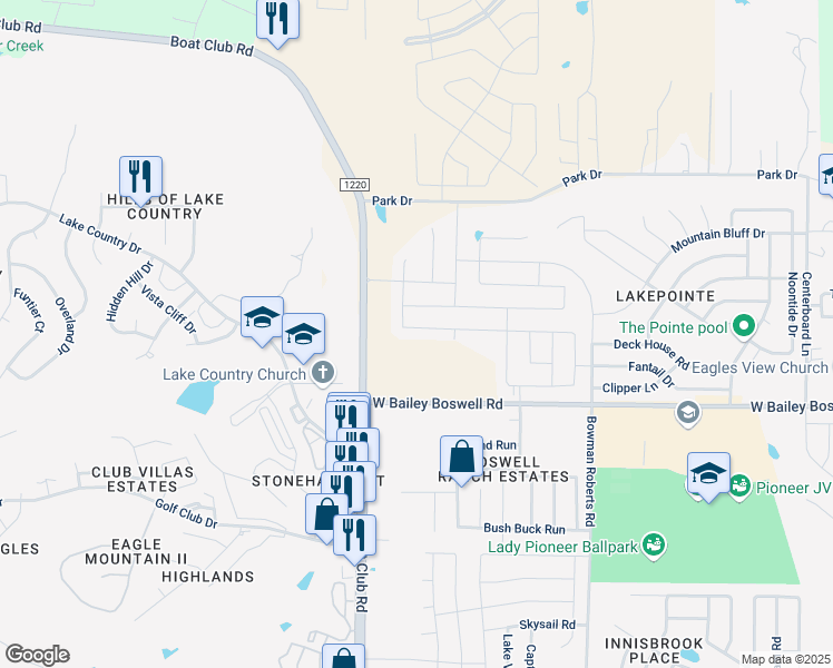 map of restaurants, bars, coffee shops, grocery stores, and more near 6252-6352 West Bailey Boswell Road in Fort Worth