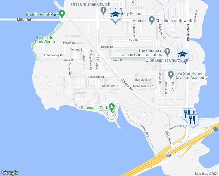 map of restaurants, bars, coffee shops, grocery stores, and more near 2201 Rockbluff Drive in Rowlett