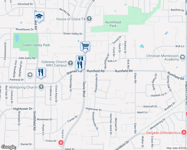 map of restaurants, bars, coffee shops, grocery stores, and more near 8416 Hillcrest Court in North Richland Hills