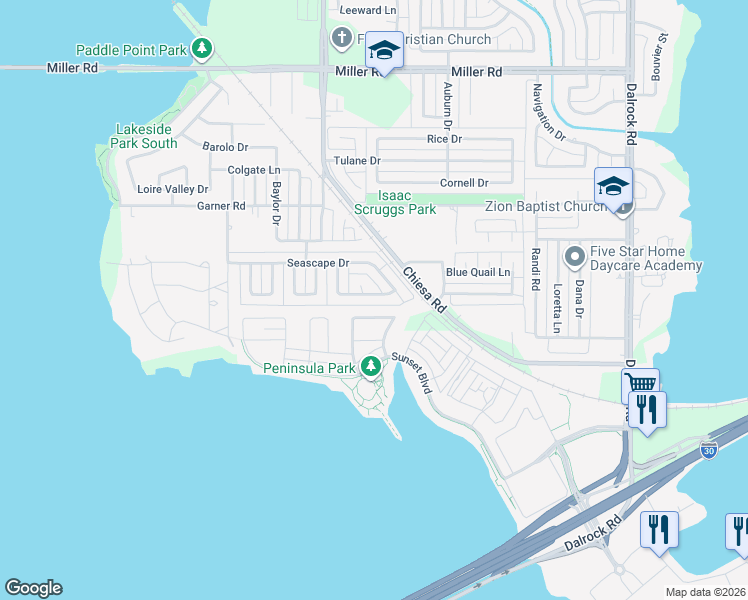 map of restaurants, bars, coffee shops, grocery stores, and more near 2117 Rockbluff Drive in Rowlett