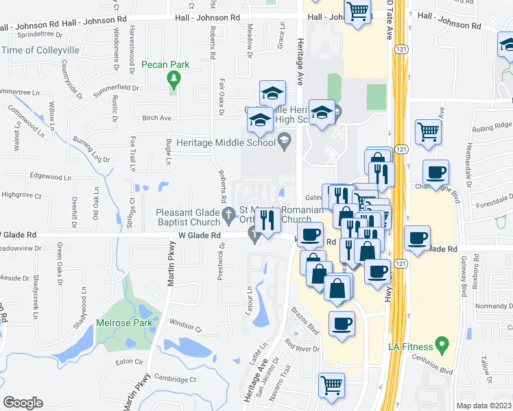 map of restaurants, bars, coffee shops, grocery stores, and more near 3773 Shumard Oak Lane in Colleyville