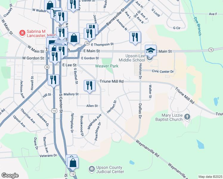 map of restaurants, bars, coffee shops, grocery stores, and more near 102 Wellington Drive in Thomaston