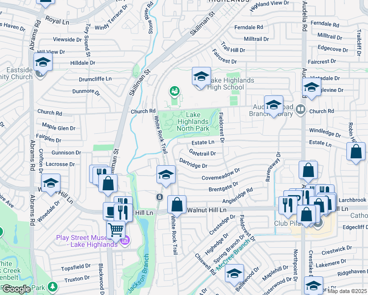 map of restaurants, bars, coffee shops, grocery stores, and more near 9840 Elmcrest Drive in Dallas