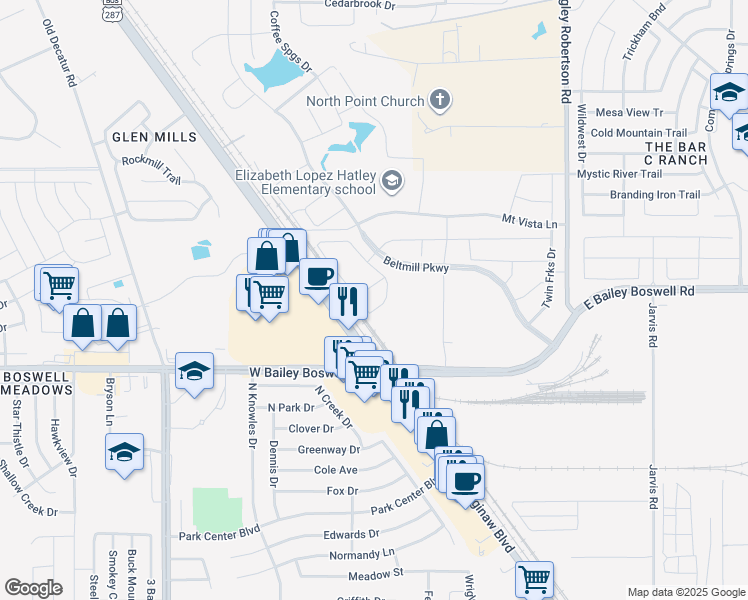 map of restaurants, bars, coffee shops, grocery stores, and more near 13000 North Saginaw Boulevard in Haslet