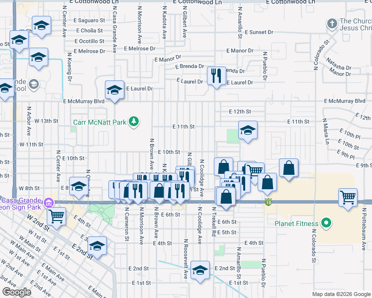 map of restaurants, bars, coffee shops, grocery stores, and more near 925 North Gilbert Avenue in Casa Grande