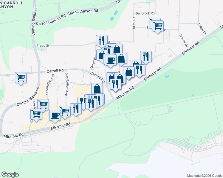 map of restaurants, bars, coffee shops, grocery stores, and more near 7310 Miramar Road in San Diego