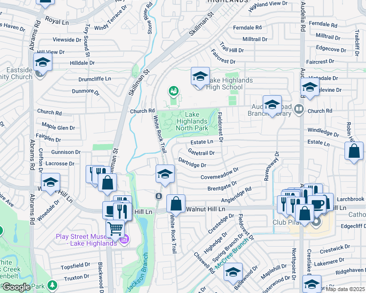 map of restaurants, bars, coffee shops, grocery stores, and more near 9840 Elmcrest Drive in Dallas