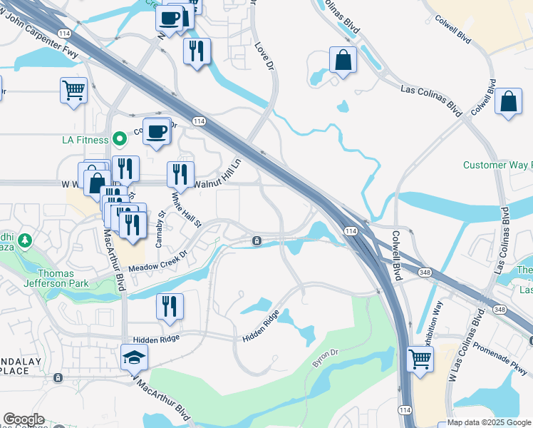map of restaurants, bars, coffee shops, grocery stores, and more near 5444-5450 Green Park Drive in Irving