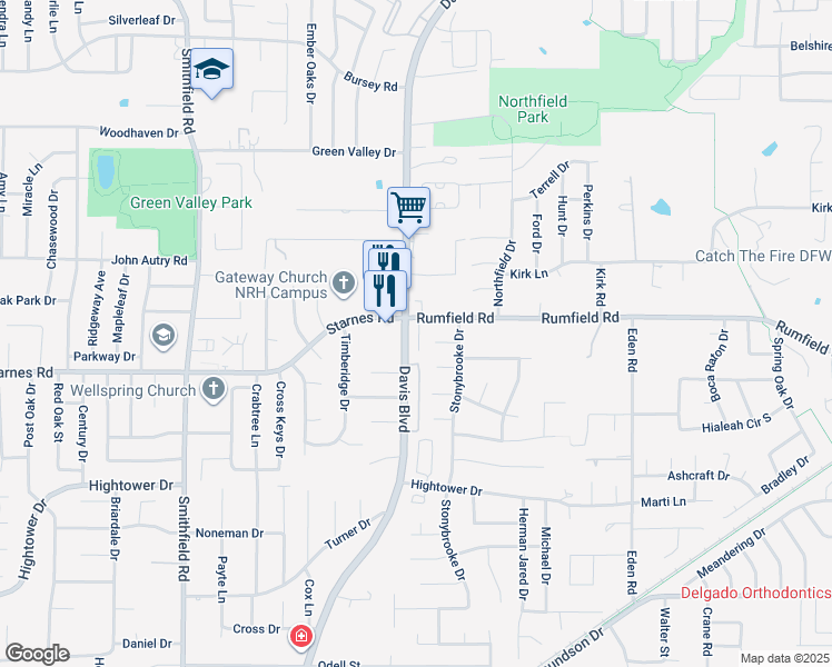 map of restaurants, bars, coffee shops, grocery stores, and more near 7404 Davis Boulevard in North Richland Hills