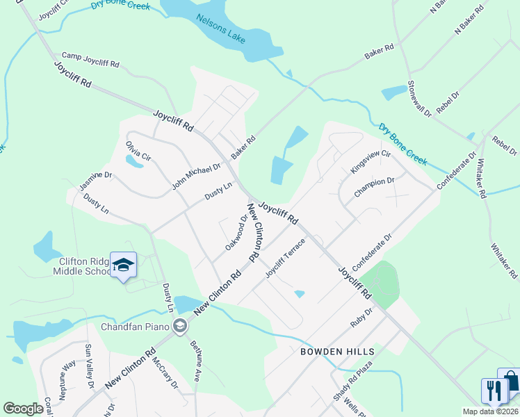 map of restaurants, bars, coffee shops, grocery stores, and more near 3462 Joycliff Road in Macon