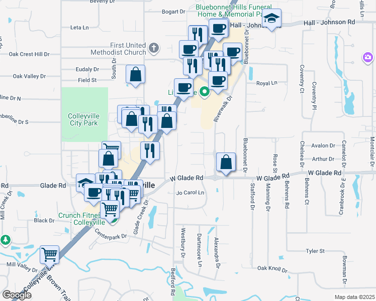 map of restaurants, bars, coffee shops, grocery stores, and more near 1104 Riverwalk Court in Colleyville
