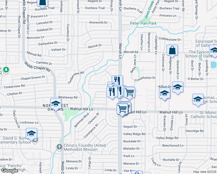 map of restaurants, bars, coffee shops, grocery stores, and more near 3616 Woodleigh Drive in Dallas