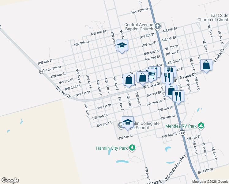 map of restaurants, bars, coffee shops, grocery stores, and more near 631 West Lake Drive in Hamlin