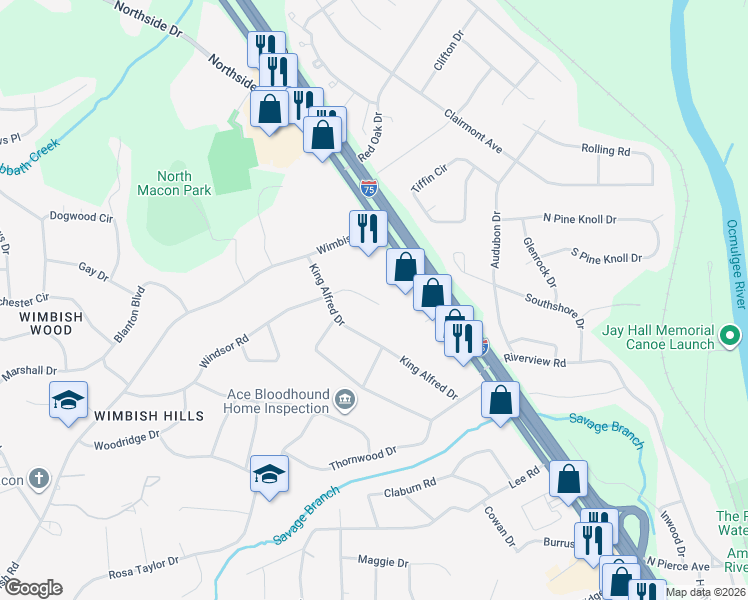 map of restaurants, bars, coffee shops, grocery stores, and more near 857 Windsor Place in Macon