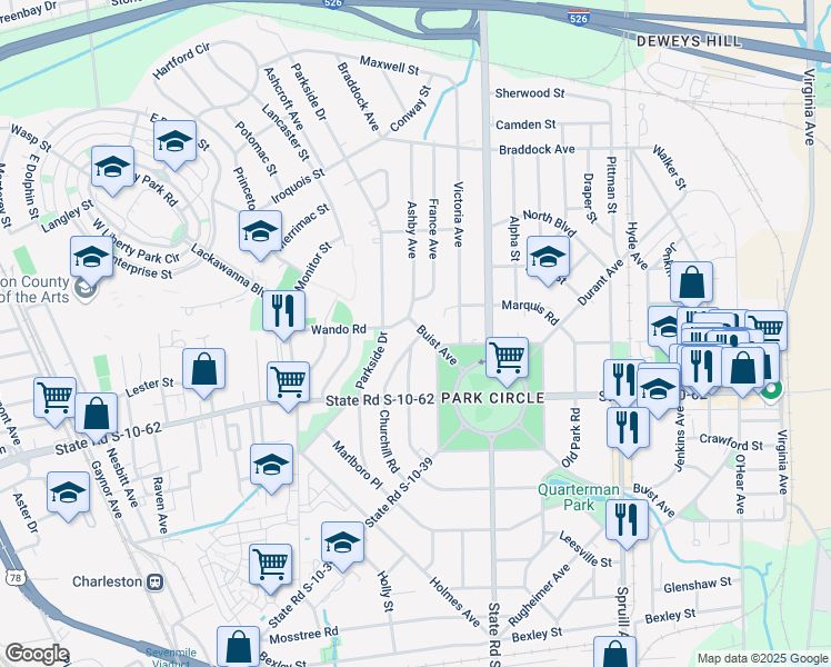 map of restaurants, bars, coffee shops, grocery stores, and more near 1201 Buist Avenue in North Charleston
