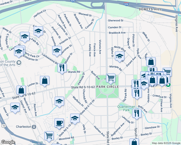 map of restaurants, bars, coffee shops, grocery stores, and more near 1201 Buist Avenue in North Charleston