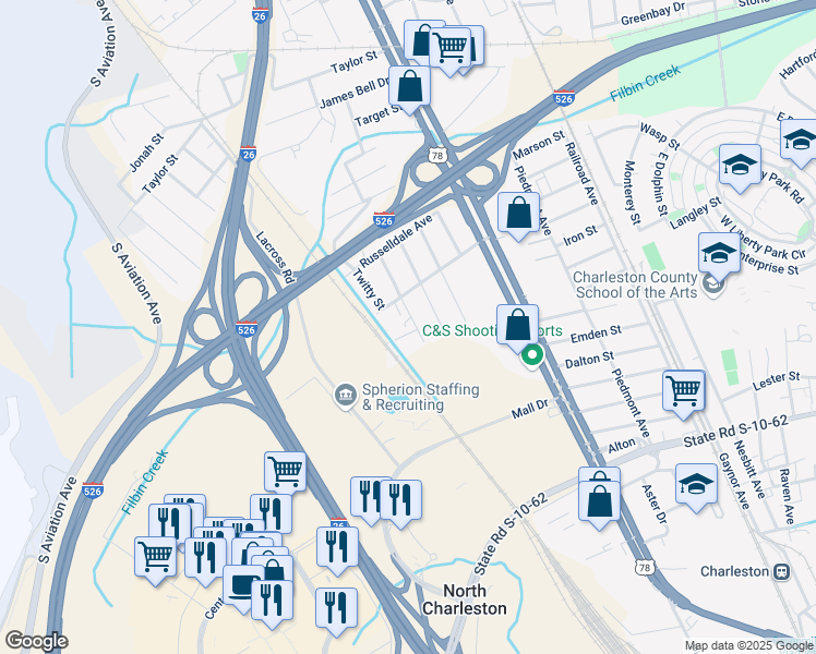 map of restaurants, bars, coffee shops, grocery stores, and more near 2267 Southern Street in Charleston