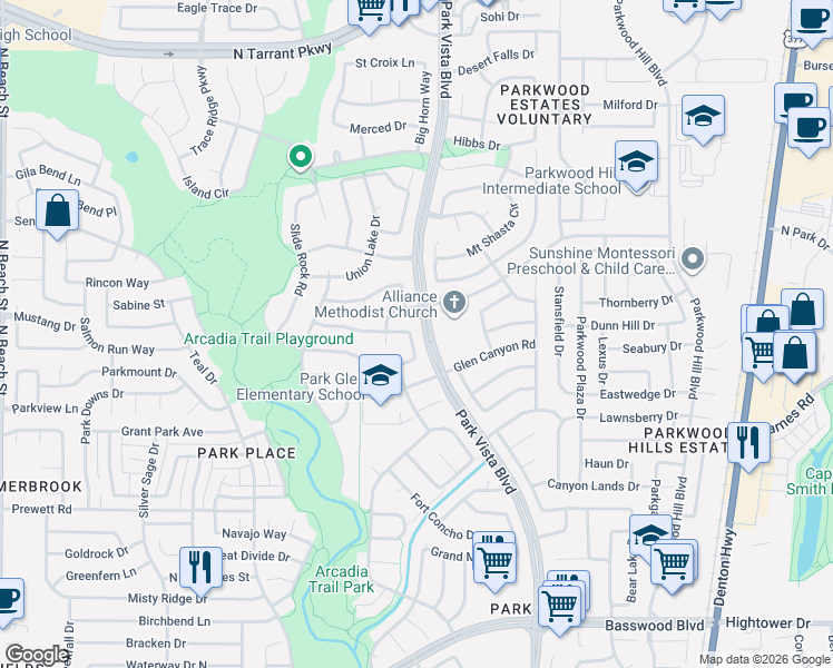 map of restaurants, bars, coffee shops, grocery stores, and more near 8004 Crazy Horse Lane in Fort Worth