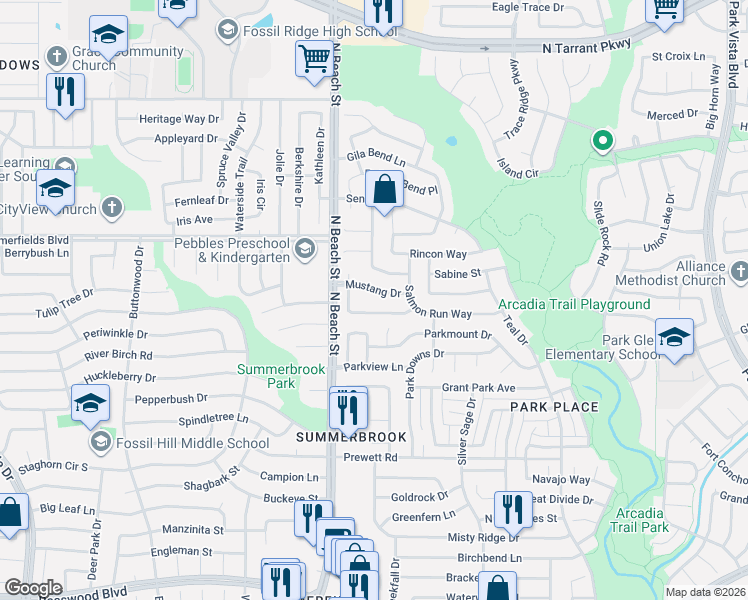 map of restaurants, bars, coffee shops, grocery stores, and more near 4516 Angelina Way in Fort Worth