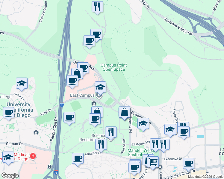 map of restaurants, bars, coffee shops, grocery stores, and more near 9800 Campus Point Drive in San Diego