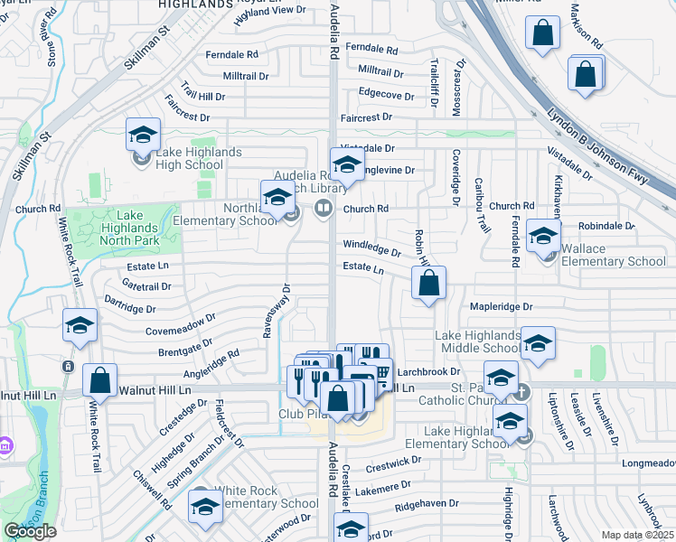 map of restaurants, bars, coffee shops, grocery stores, and more near 9806 Estate Lane in Dallas