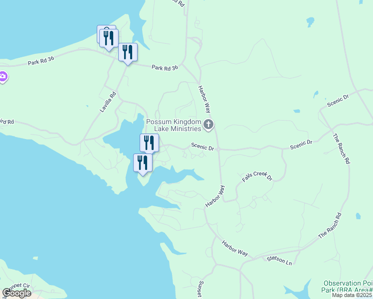 map of restaurants, bars, coffee shops, grocery stores, and more near 3412 Scenic Point Road in Graford