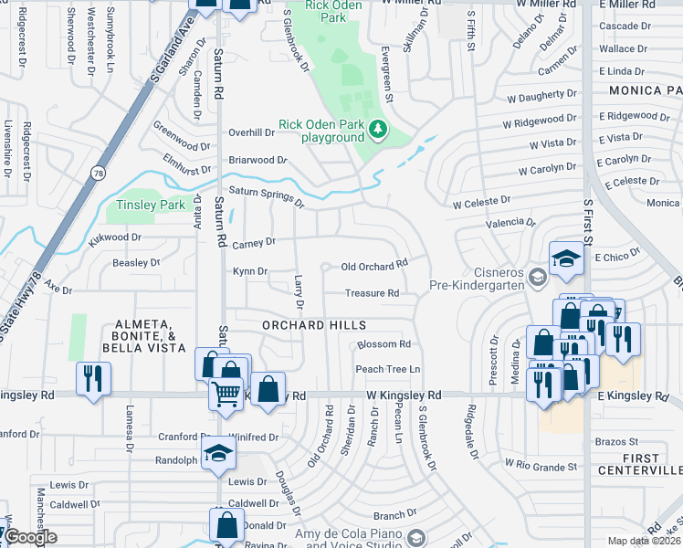 map of restaurants, bars, coffee shops, grocery stores, and more near 937 Treasury Road in Garland
