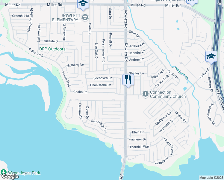 map of restaurants, bars, coffee shops, grocery stores, and more near 3302 Chaha Road in Rowlett