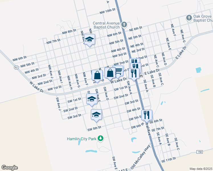 map of restaurants, bars, coffee shops, grocery stores, and more near 25 Southwest Avenue D in Hamlin