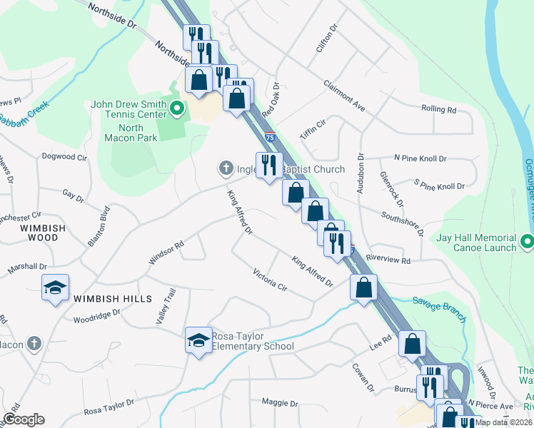 map of restaurants, bars, coffee shops, grocery stores, and more near 864 Windsor Place in Macon
