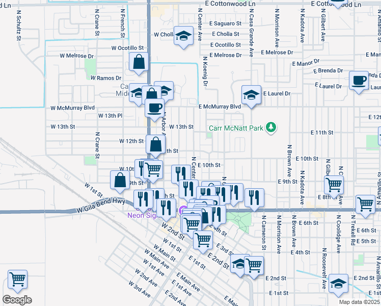 map of restaurants, bars, coffee shops, grocery stores, and more near 116 West 10th Street in Casa Grande