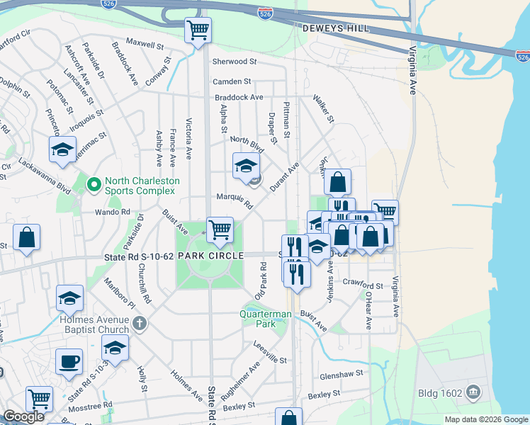 map of restaurants, bars, coffee shops, grocery stores, and more near 1121 Marquis Road in North Charleston